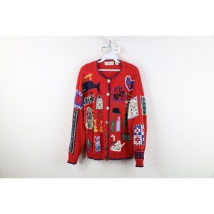 Vtg 90s Design Options Womens Large Faded Antiques Quilt Knit Cardigan Sweater